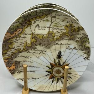 3 POTTERY BARN Coastal Curiosity Map 8 1/4" Salad Plate Nautical French Ports